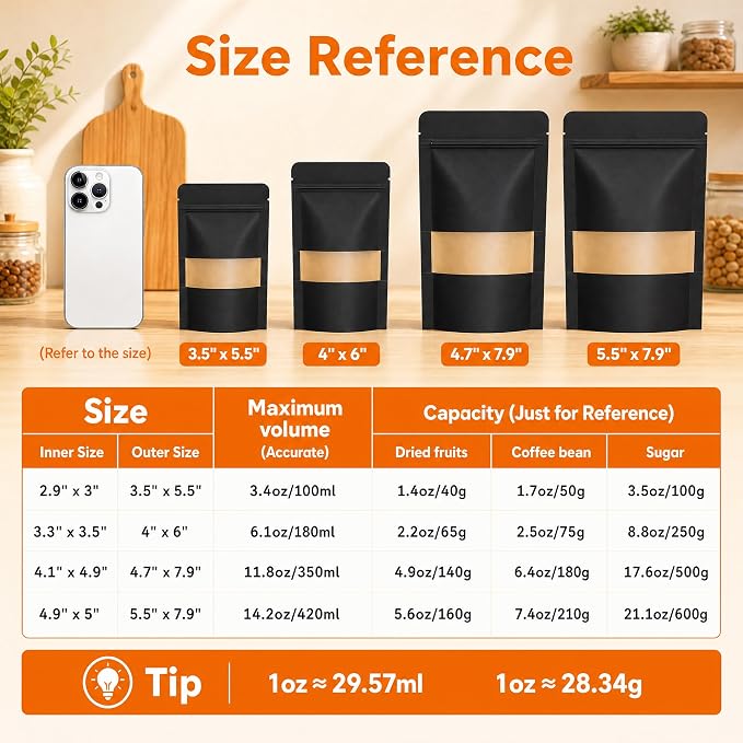 100 Pcs Black Kraft Paper Bags with Window, 4" x 6" Stand Up Pouches Bags, Food Storage Bags for Packaging Products, Reusable, Sealable