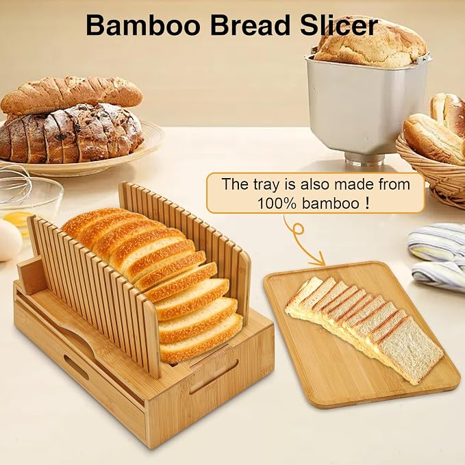 Bamboo Bread Slicer for Homemade Bread, Wilupry Bread Cutter Guide with Crumb Tray Adjustable Foldable for Sourdough Rounds Loaf Sandwich