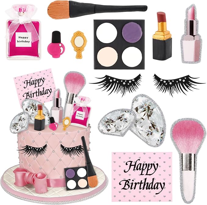 12PCS Makeup Cake Topper Makeup Cake Decorations with Lipstick Eye Shadow Makeup Brush for Girl Women Salon Birthday Party Decor Spa Party Supplies Make up Themed Party Decor Bachelorette