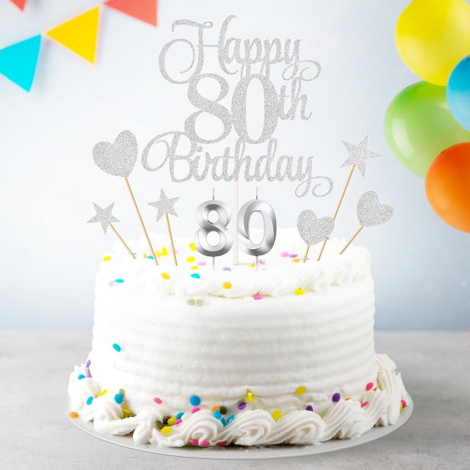 80th Birthday Cake Decorations, 80th Birthday Candles Cake Numeral Candles and Glitter Happy 80th Birthday Cake Toppers Set for Birthday Party Supplies (Silver)