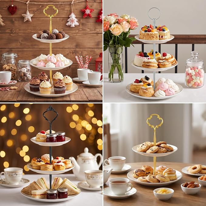 15 Set 3 Tier Cake Stand Hardware Tiered Tray Plates Hardware Kit, Heavy Metal Cake Fruit Food Plate for Wedding Party Fruit Plate Handle Dessert Cupcake Trays Serving Stand(Gold Silver Black)