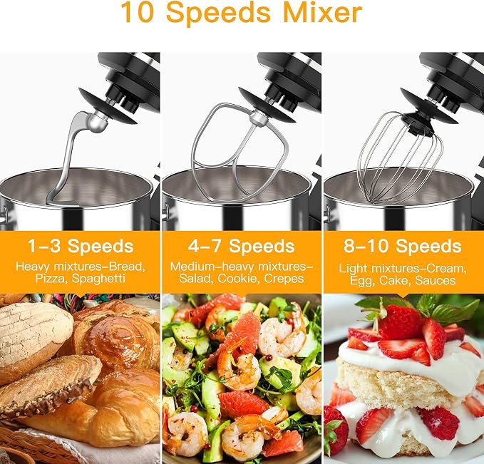 Acekool Stand Mixer 660W 10-Speed 7.5 Qt Tilt-Head Food Mixers, Kitchen Electric Mixer with Stainless Steel Bowl,Dough Hook,Whisk, Beater, Splash Guard, Black, Large, MK-5101