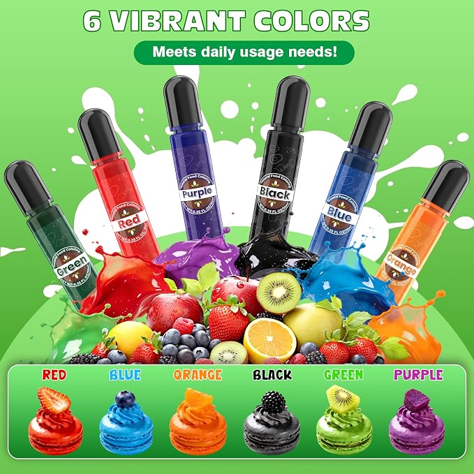 Natural Food Coloring 6 Colors x 10ml, FD&C & Artificial Dye Free Food Coloring Liquid Set, Natural Ingredients Edible Paint for Baking, Cake Decorations, Frosting, Fondant, Stable Color Performance, Easy to Color