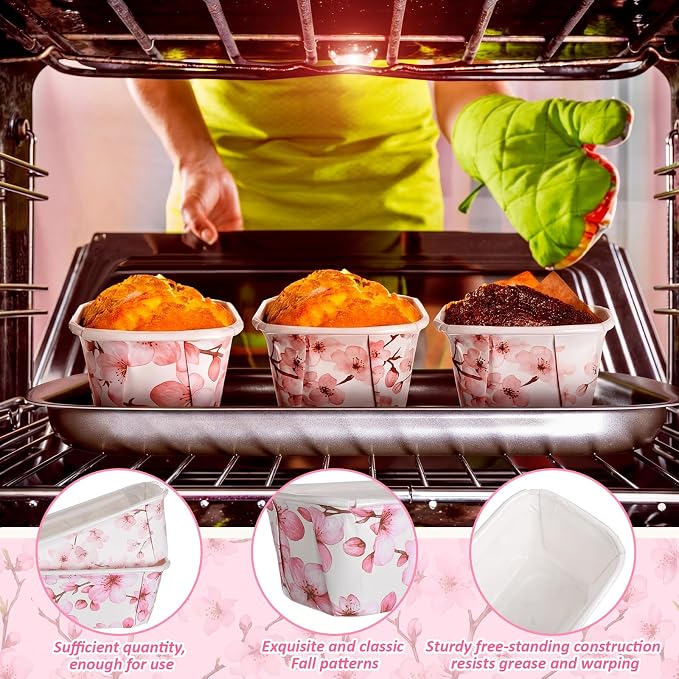 Hushee 50 Sets Pink Blossom Paper Loaf Pans with Bags, 6.3x2.2x2.2" Disposable Mini Bread Baking Molds, Floral Cake Liners for Baby Shower Wedding Birthday Spring Gifts