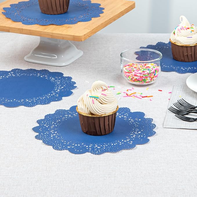 Restaurantware-Pastry Tek 8 x 8 Inch Paper Lace Doilies, 100 Disposable Table Doilies - Elegant Lace Finish, Long Lasting, Navy Blue Paper Placemat, for Pastries, Cupcakes, Desserts