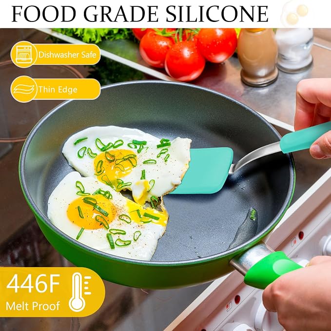 Silicone Cookie Spatula Turner 2 Pack Mini Brownie Spatula Flexible Kitchen Small Silicone Turner for Nonstick Cookware Heat Resistant No Scratch Flipper for Pancake(Solid Flat,Green)