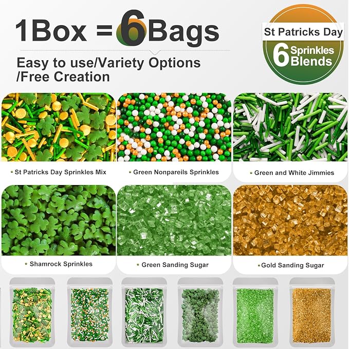 HUEBEATY 6-in-1 St. Patrick’s Day Sprinkles for Cake Decorating – 180g Green & Gold Shamrock Sprinkles Mix with Nonpareils, Jimmies & Sanding Sugar – Edible Green Sprinkles for Cupcakes, Cookies & Spring Desserts