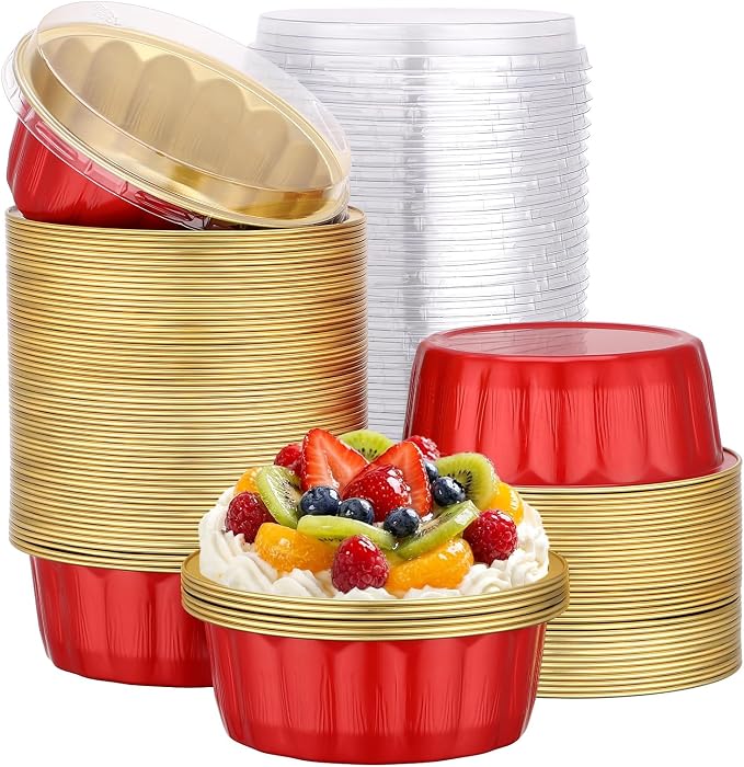 Beasea Disposable Baking Cups with Lids, 100 Pack 8oz Aluminum Foil Ramekins with Lids, 235ml Creme Brulee Muffin Cupcake Mini Pudding Baking Cup Tin for Party Birthday Wedding - Red Gold