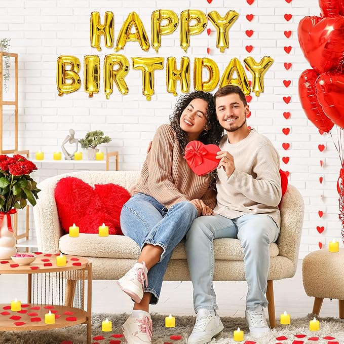 Red and Gold Happy Birthday Balloons Decorations Happy Birthday Letter Balloons Banner with 24pcs Flameless LED Candles and 2000pcs Artificial Rose Petals for Women Men Room Party Decorr