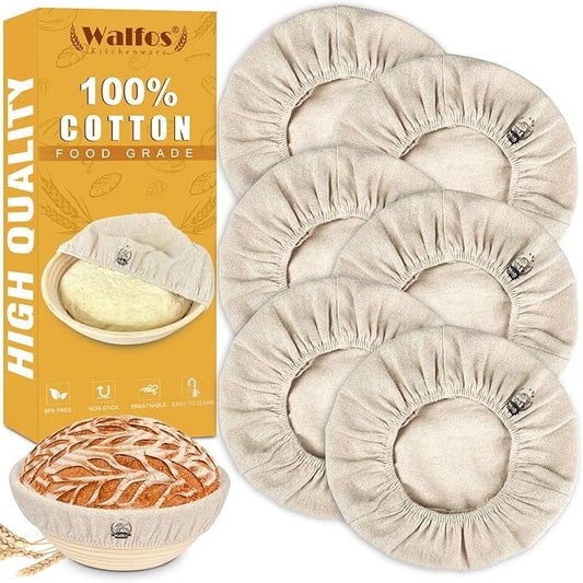 WALFOS Bread Basket Liner Cloth, 6 Packs 10 inch round bread proofing basket cloth liner, Baking Dough Basket Cover Natural Rattan Banneton Proofing Cloth