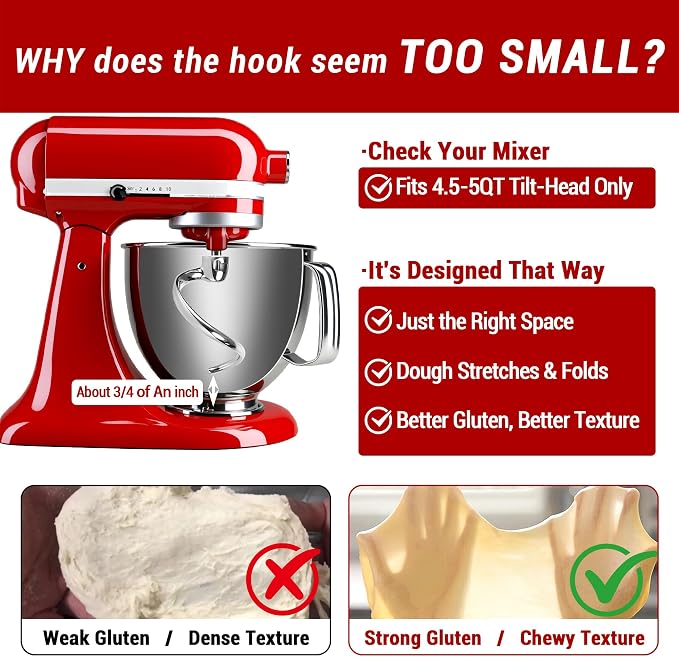 Stainless Steel Spiral Dough Hook for KitchenAid 4.5QT & 5QT Tilt-Head Stand Mixer, Efficient Dough Hook Attachment for Bread, Pizza & Pasta, Dishwasher Safe