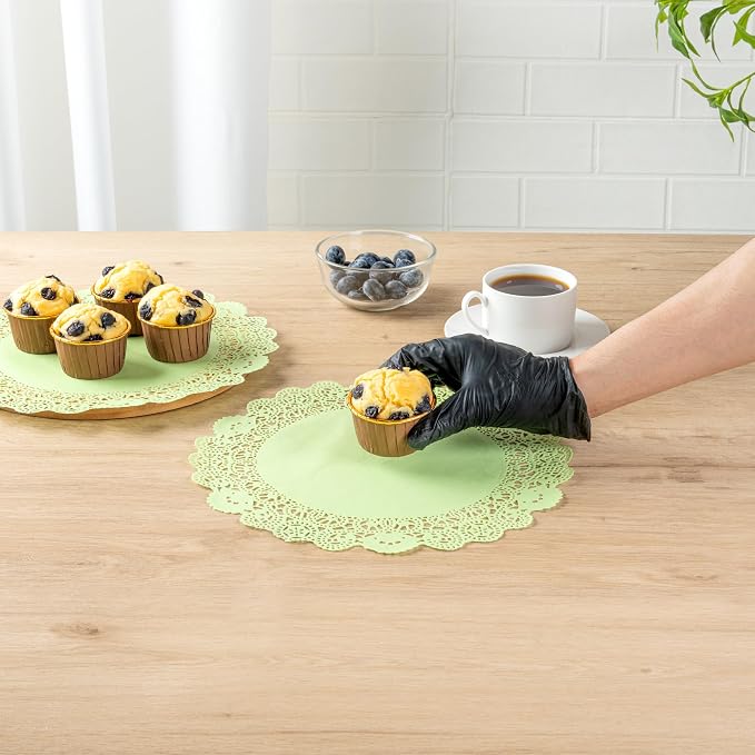 Pastry Tek 12 x 12 Inch Paper Lace Doilies, 100 Disposable Table Doilies - Elegant Lace Finish, Long Lasting, Green Paper Doily, for Pastries, Cupcakes, Desserts - Restaurantware
