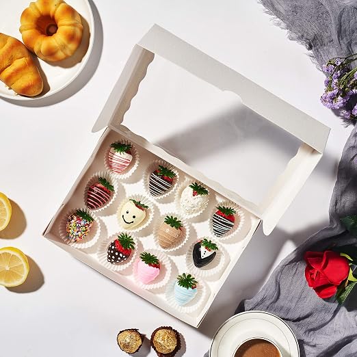 50PCS 10 x 7 x 2.5 inches One Piece White Bakery Boxes, Strawberry Boxes, Elegant White Cookie Boxes with Display Window