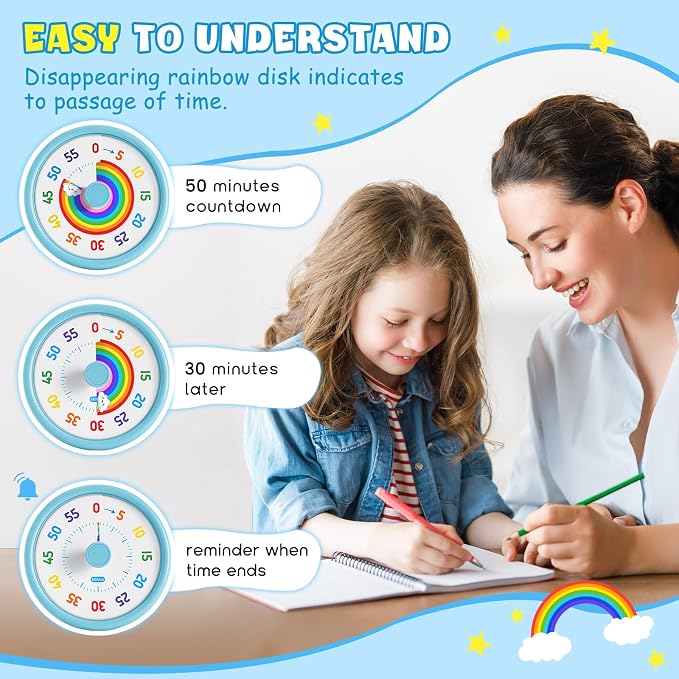 HIPPIH Visual Timer for Kids, 60 Minute Countdown Timers for Classroom Kitchen Office, Rainbow Disk Desk Timer Clock with Silent Operation, Pomodoro Timer Time Management Tools for Toddler ADHD Blue
