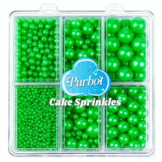 Green Pearl Sprinkles for Cake Decorating, 4 Sizes Sugar 130g/4.6oz, Cupcake, Ice Cream, Donuts, Macaron Toppings Supplies (2mm, 4mm, 7mm, 1cm)