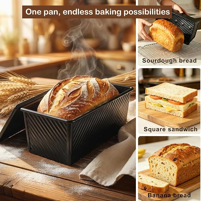 Pullman Loaf Pan, 2 Pack Bread Pan with Lid, 13x5 & 8x4 Inch, Black | Nonstick Pullman Loaf Pan with Lid 2.2lb&1lb Aluminized Steel Sourdough Sandwich Bread Loaf Pan with Cover Pullman Bread Pan