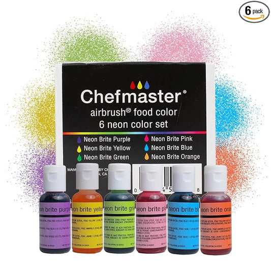Chefmaster - Neon Airbrush Kit - Airbrush Food Coloring - 6 Pack - Highly-Pigmented, Vibrant Colors, Works With Any Airbrush Tool, Fade-Resistant Colors - Made in the USA
