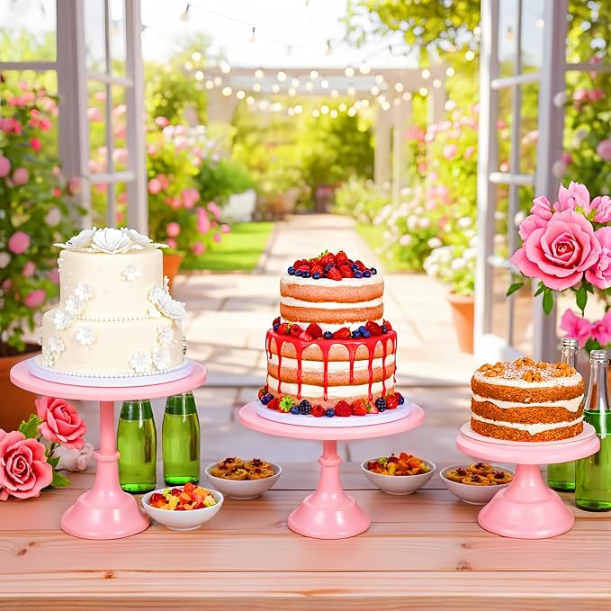 3 Pcs Metal Cake Stand Set 8/10/12 inch Dessert Table Display Perfect for Baby Shower Wedding Birthday(Pink)