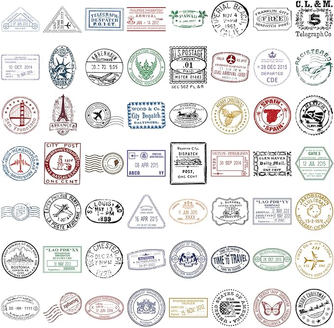 Vintage Postmark Stickers for Scrapbook, 50PCS PET Transparent Waterproof Stickers Pack for Water Bottles,Laptop,Scrapbook,Traval Themed Party Decorations