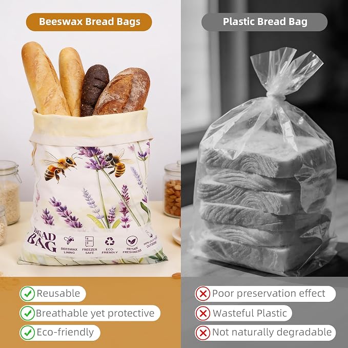 Beeswax Bread Bag for Sourdough & Homemade Bread – 2 Pack Reusable Organic Cotton Wax Bread Bags, Large Food Storage Bag for Baguettes, Bakery Loaves.
