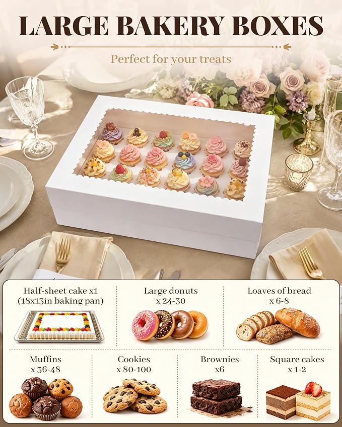 8 Pack Cupcake Boxes with Window for 24 Standard or Mini Cupcakes Corrugated Adjustable Height Bakery Box for Cake,Cookies,Donuts,Muffins&Other Pastries（15x11x4 Inch）