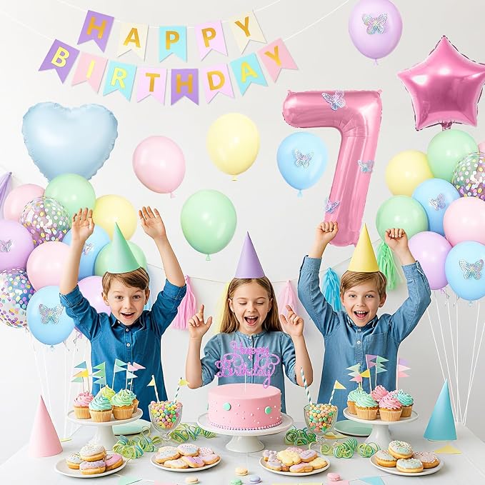 Pastel 7th Birthday Decorations for Girl,Macaron Rainbow 7th Party Decoration Pink Blue Purple Green Yellow Colorful Balloons Banner Star Heart Number 7 Foil Balloon Cake Topper Butterfly Stickers