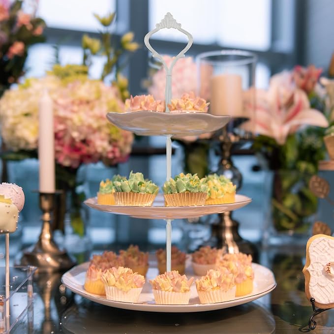 3 Tier Cake Stand, Luxury-Looking Wedding Cupcake Plate Holder, White Wreath Fruit Dessert Tower Tray for Birthday Party, Baby Shower, Graduation and Christmas Party (Plates NOT Included)
