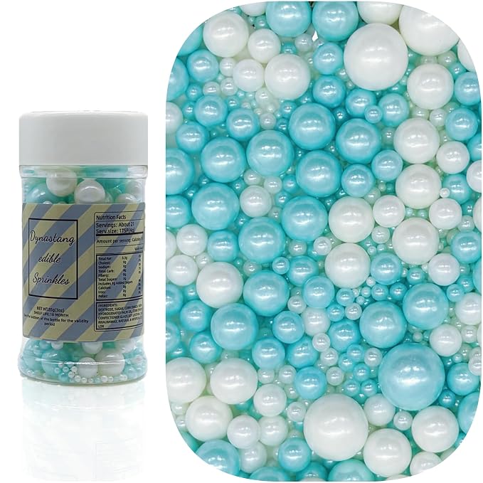 Dynastang Mixed Size Light Blue & White Pearls Sprinkles Edible Pearls Cake Decorations Cupcake Toppers Decorating Perfect for Cakes, Cupcakes, Desserts 3OZ