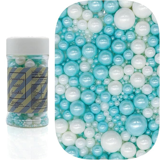 Dynastang Mixed Size Light Blue & White Pearls Sprinkles Edible Pearls Cake Decorations Cupcake Toppers Decorating Perfect for Cakes, Cupcakes, Desserts 3OZ