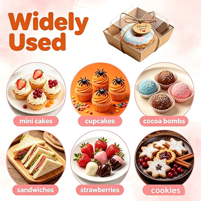 100 Pack Charcuterie Boxes with Clear Lids 4x4 Inch, Disposable Kraft Square Dessert Boxes, Bakery Snack Containers for Cookie, Cake Slice, Donut, Sandwich, Sushi, Party, Wedding, Valentine