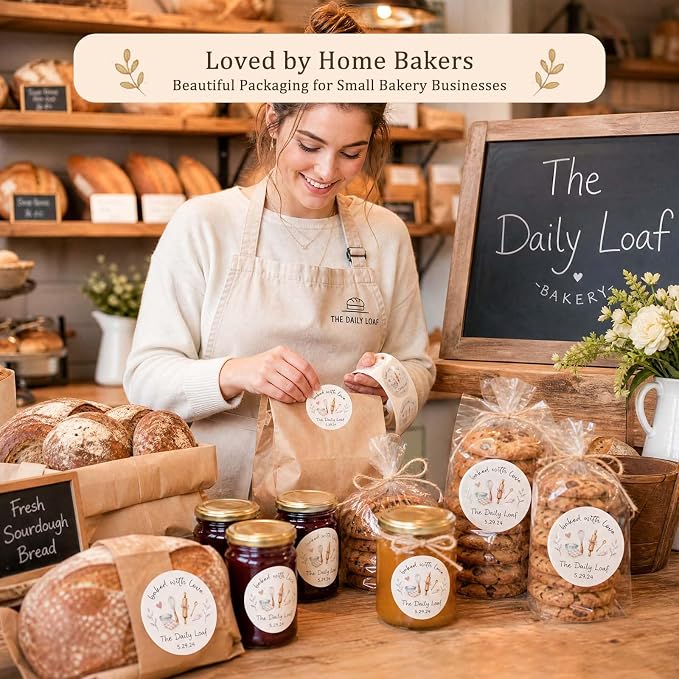 120 x Baked with Love Write On Bakery Stickers for Cookie Bags, Sourdough Bread, Jam Jars & Homemade Gifts, Writable Baking Labels for Home Bakers, Farmers Market & Small Business Packaging 2''
