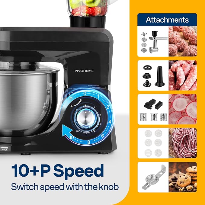 VIVOHOME 6-in-1 Stand Mixer, 8.5 Quart Electric Tilt-Head Kitchen Mixer with Bowl, Multifunctional Food Mixer for Cake, Bread, and Dough, with Meat Grinder, Blender, Pasta Maker Attachments, Black