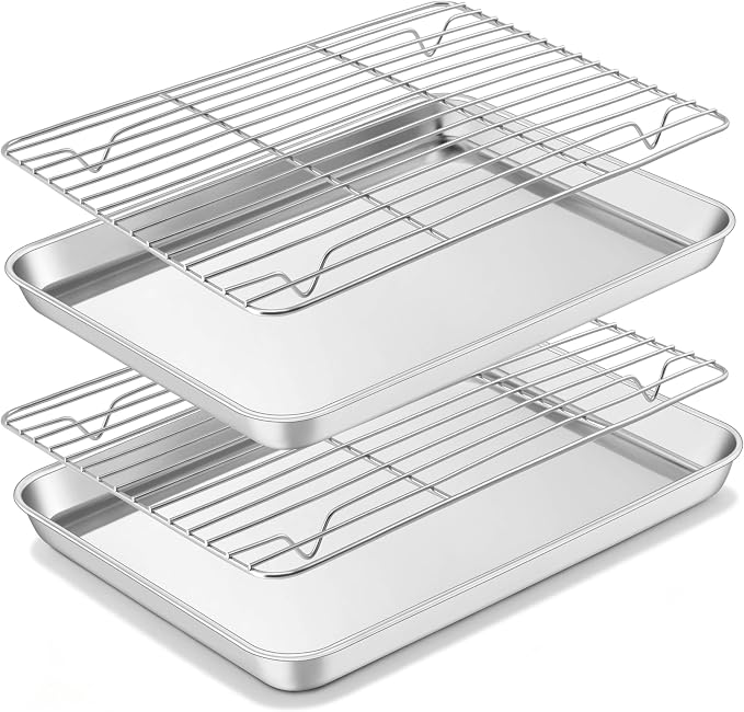 Homikit Quarter Sheet Pan with Rack Set (2 Sheets + 2 Racks), 9x13 Stainless Steel Baking Sheets with Cooling Racks Non Toxic, Metal Cookie Bacon Tray for Toaster Oven Baking Cooking, Dishwasher Safe