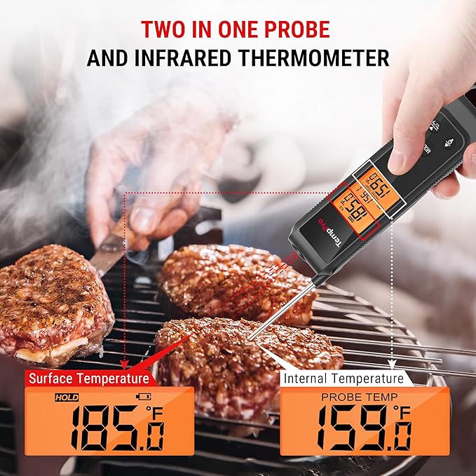 TempPro 2-in-1 Instant Read Thermometer for Cooking, Infrared Thermometer with Meat Probe, Non-Contact Laser Meat Thermometer for Griddle Grill Pizza Oven, Black, Gift for Dad Him Husband