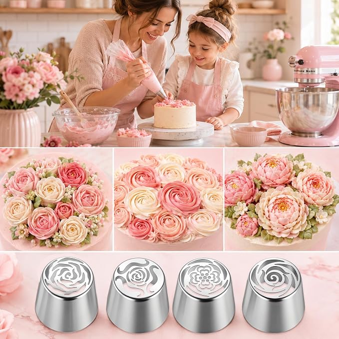 4 PCS Flower Russian Piping Tips, Stainless Steel Extra Large Russian Piping Tip Set 3D Flower Tips for Cake Decorating, Flowers Shaped Frosting Nozzle Kit for Wedding Birthday Cakes Cupcakes Cookies
