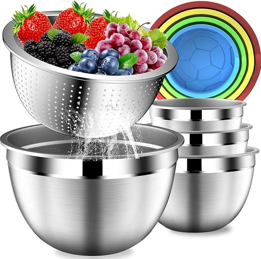DUTZUN Mixing Bowls with Strainer, Mixing Bowl with Lids Set, Stainless Steel Mixing Bowls, Kitchen Gadgets Salad Bowls with Strainer for Mixing & Preping & Serving, Multicolor
