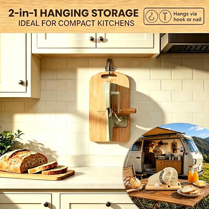 Manual Adjustable Sourdough Bread Slicer for Homemade Bread | Homemade bread and sourdough rounds, hand crank control, wall-mount storage, 0-0.8 in slices, no assembly, 420U6 blade