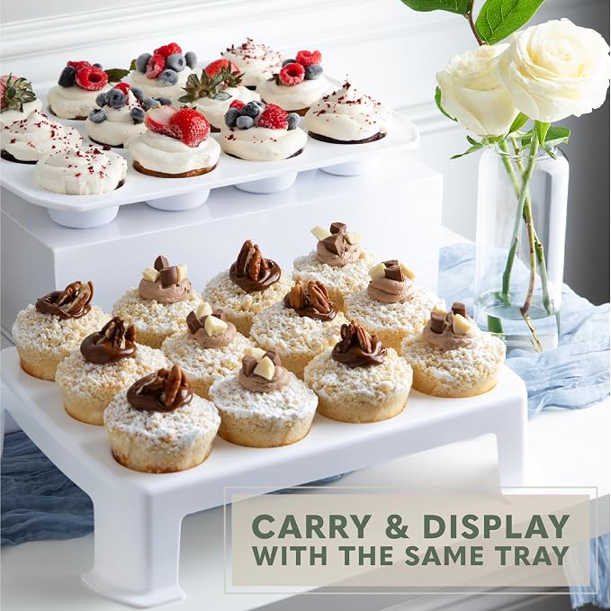 EXTRA TALL DOME Cupcake Carrier, White Cupcake Holder Carries 24 Cupcake Storage Container, Muffin Traveler Two Tier Stand Reusable Cupcake Box