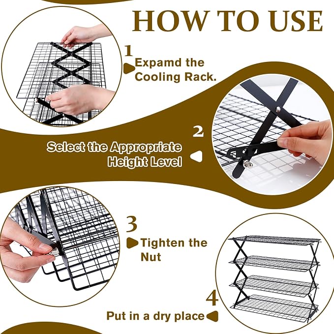 4 Tier Collapsible Cooling Rack, Adjustable Stackable Stainless Steel Baking Rack with Leak-Proof Mesh & X-Shaped Structure, Dishwasher Safe for Cookies, Bread, Pastries