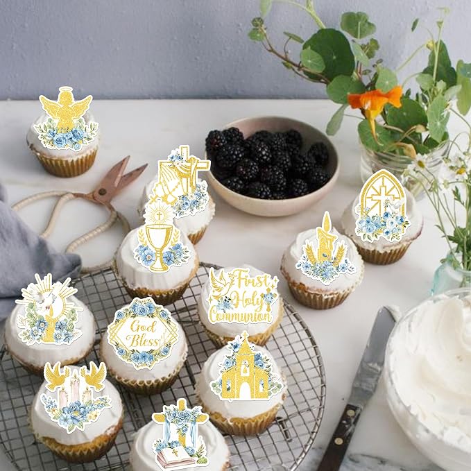 60 PCS Edible God Bless Cupcake Toppers Dove Cross Cupcake Picks Edible Floral First Communion Cake Decorations for Religious Gold Bless Baptism Theme Baby Shower Birthday Party Supplies Blue