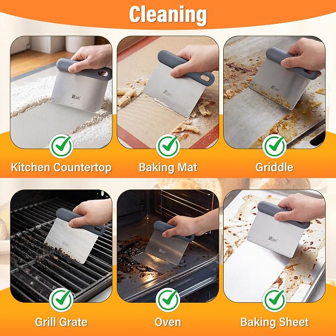 Bench & Dough Scraper Set of 4, Flexible Stainless Steel Kitchen Scraper with Platinum Silicone Non-Slip Grip, Multipurpose Food Scraper for Dough, Dishwasher Safe, Measuring Scale & Conversion Chart