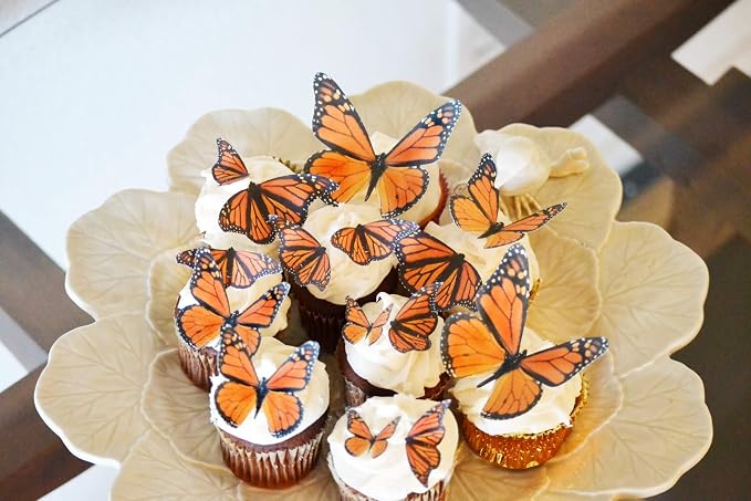 NEW - Edible Butterflies Assorted Set of 15 - Wafer Cake & Cupcake Toppers - edible butterflies for cake decorating - butterfly decorations (Orange Monarch)