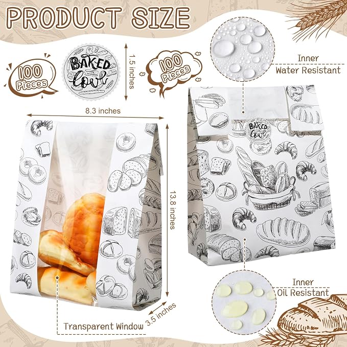 MotiMind 100 Packs Paper Bread Bags for Homemade Bread Sourdough 14 x 8.3 x 3.5 Inches Kraft Paper Bakery Bag with Window Label Seal Sticker for Baked Food Packaging Storage(White)