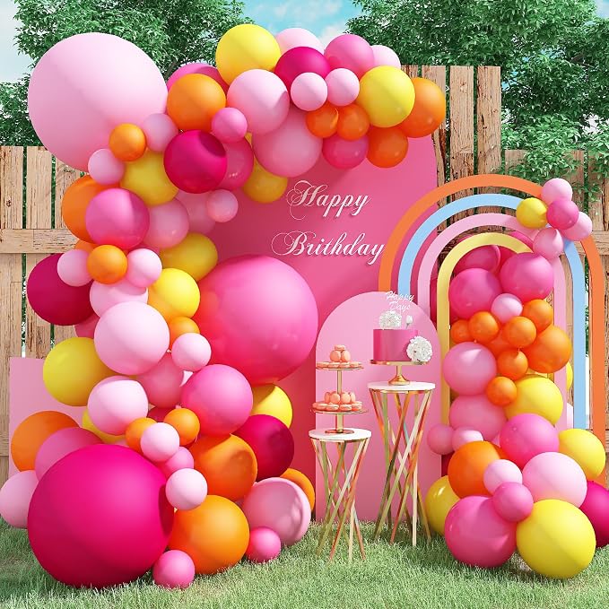 Pink and Orange Balloon Arch, 103 PCS Baby and Hot Pink Balloon Garland With Peach Yellow Balloons for Princess Tropical Hawaiian Theme Birthday Party Decorations