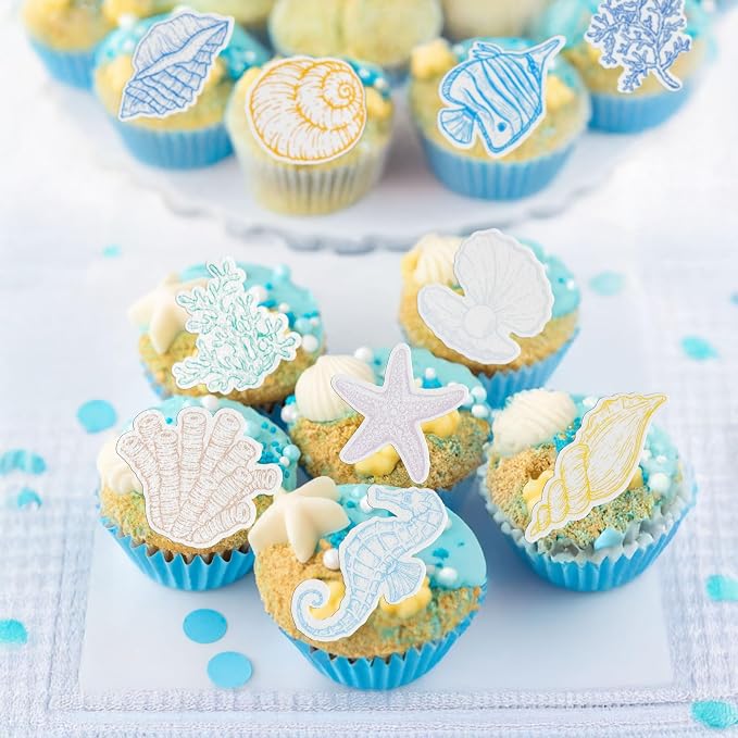 Gyufise 60Pcs Edible Seashell Cupcake Toppers Beach Sea Shell Party Decorations Edible Starfish Conch Coral SeaShell Cupcake Picks for Coastal Beach Baby Shower Birthday Party Supplies