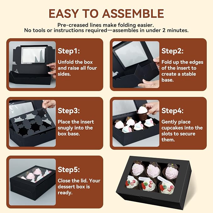 10-Set Cupcake Boxes Bulk with Clear Display Window Hold 6 Standard Cupcakes, Disposable Food Grade Black Cupcake Carrier Cupcake Container, Perfect for Cupcakes Muffins Cookies Pastries