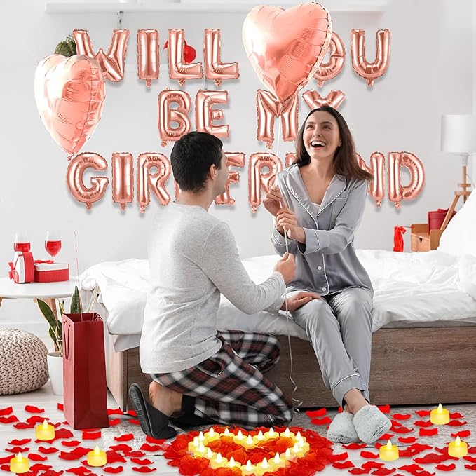 HyDren 18" Will You Be My Girlfriend Balloons Letters Kit Include Heart Shaped Balloons and LED Tealight Candles with Rose Petals Romantic Girlfriend Proposal Kit Valentines Day Decorations(Rose Gold)