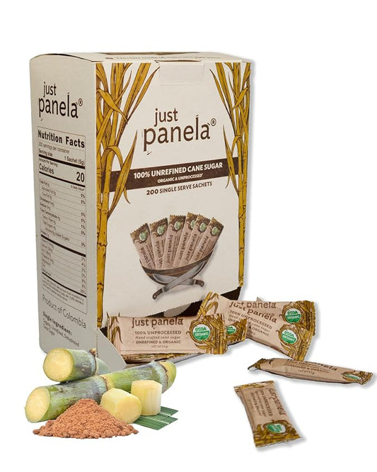 Just Panela Organic Unrefined Cane Sugar Packets, 200 Ct box | 100% Unprocessed, Raw Sugar | Great for Baking, Cooking & Sweetening | Healthier Alternative to Regular Refined Sugar