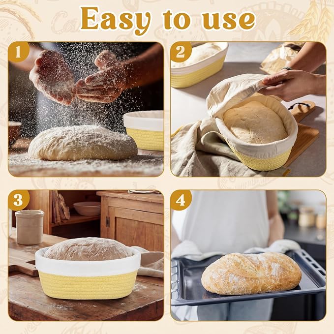 4 Pcs 10 Inch Bread Proofing Basket Set Cotton Rope Oval Banneton Basket Sourdough Bread with Liners Covers for Baking Supplies (Yellow)