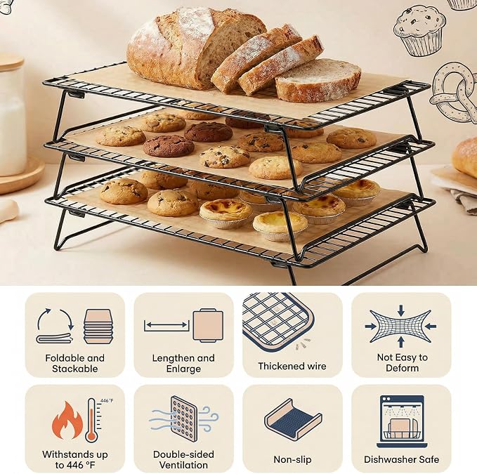 3-Tier Stackable Cooling Rack for Cooking and Baking, 17" x 11" Large Black Wire Cooling Rack, Foldable & Heavy Duty Cookie Cooling Rack, Oven Safe Baking Rack